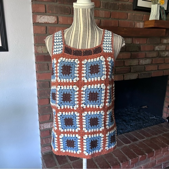 Cato Tops - CATO Granny Square Crochet Tank Top Brown Blue Sz XS